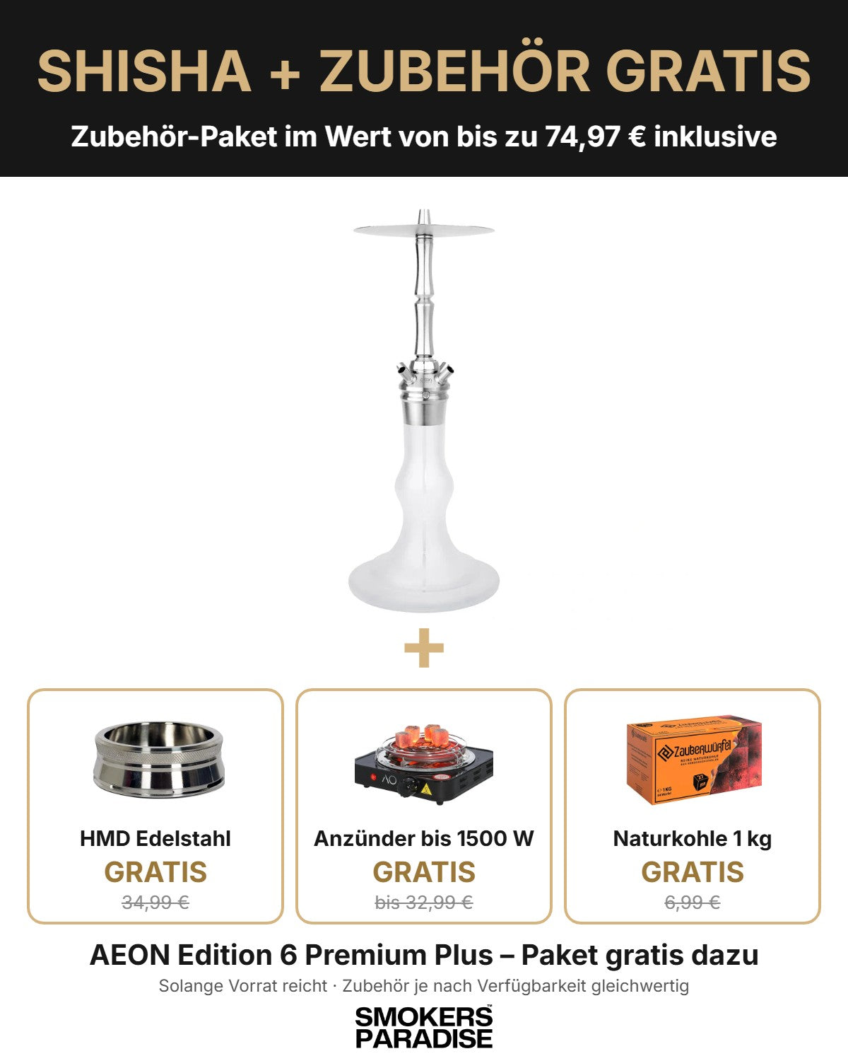 AEON Edition 6 Premium Plus mit gratis Zubehör-Paket: HMD Edelstahl, Kohleanzünder und 1 kg Naturkohle