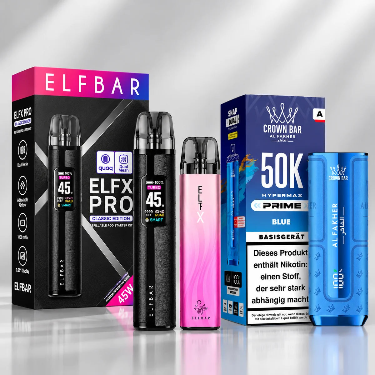 Vape Geräte: Elfbar ELFX Pro, Elfbar ELFX und Al Fakher Hypermax Prime 50K Basisgerät
