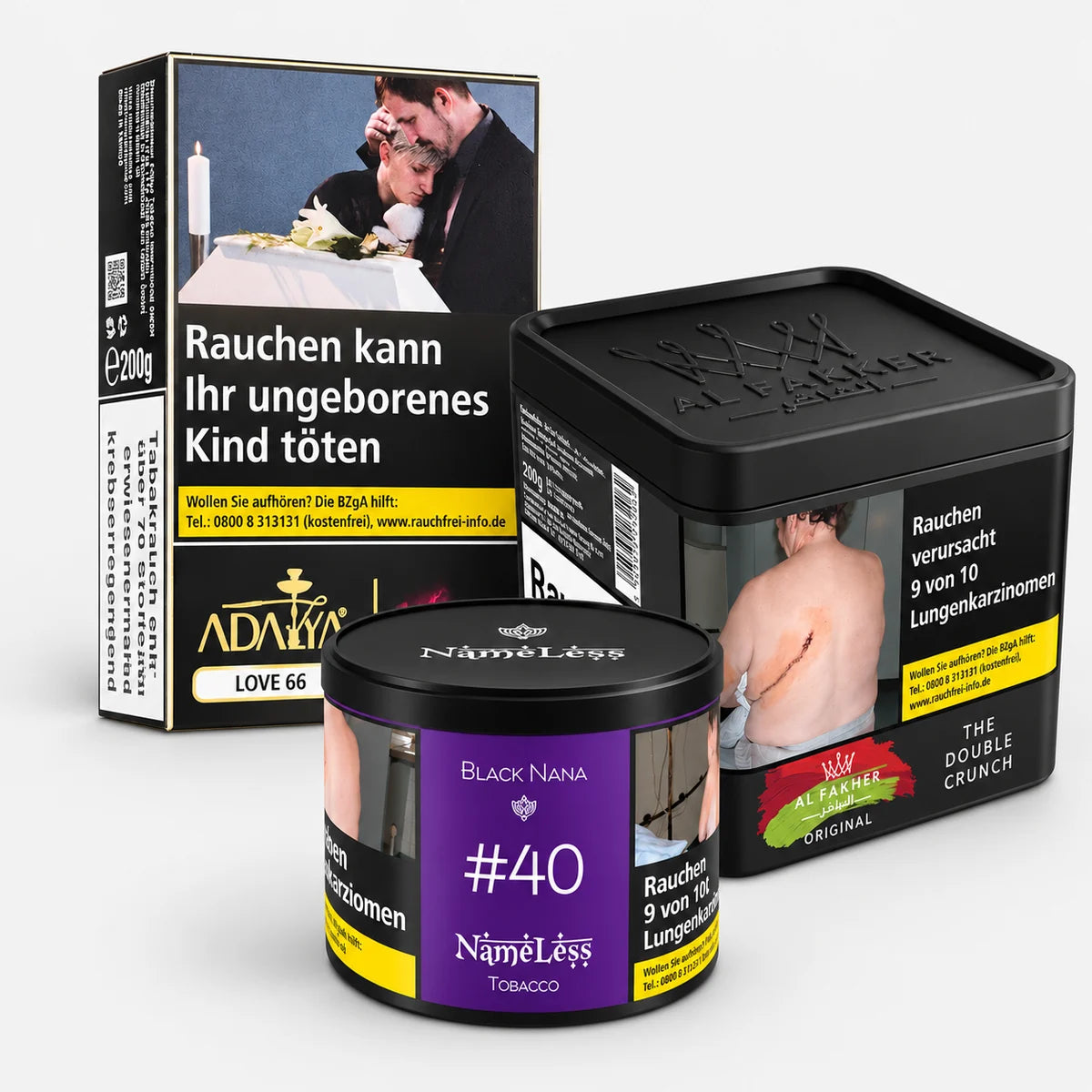 Shisha Tabak 200g: Adalya Love 66, Al Fakher Double Crunch und Nameless Black Nana