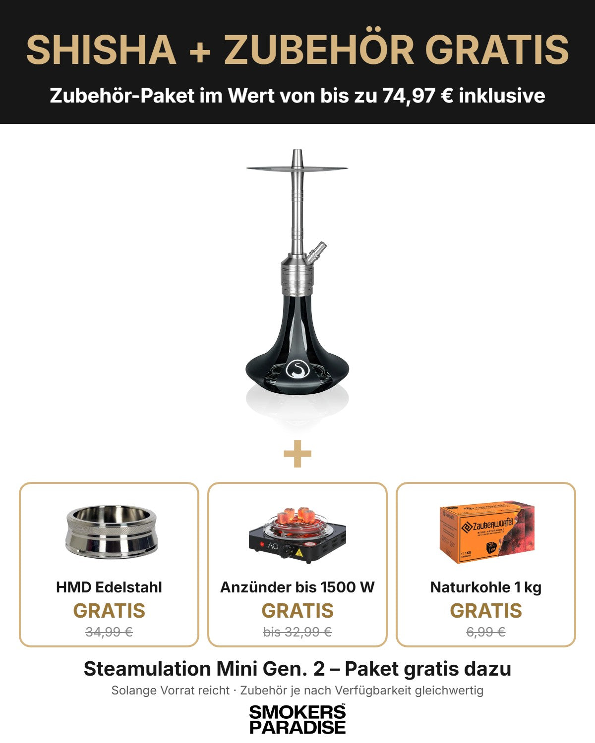 Steamulation Mini Gen. 2 mit gratis Zubehör-Paket: HMD Edelstahl, Kohleanzünder und 1 kg Naturkohle