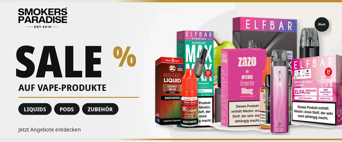 Vape Angebote bei Smokers Paradise: reduzierte Liquids, Pods und Pod Systeme von Elfbar, Zazo und Red Line