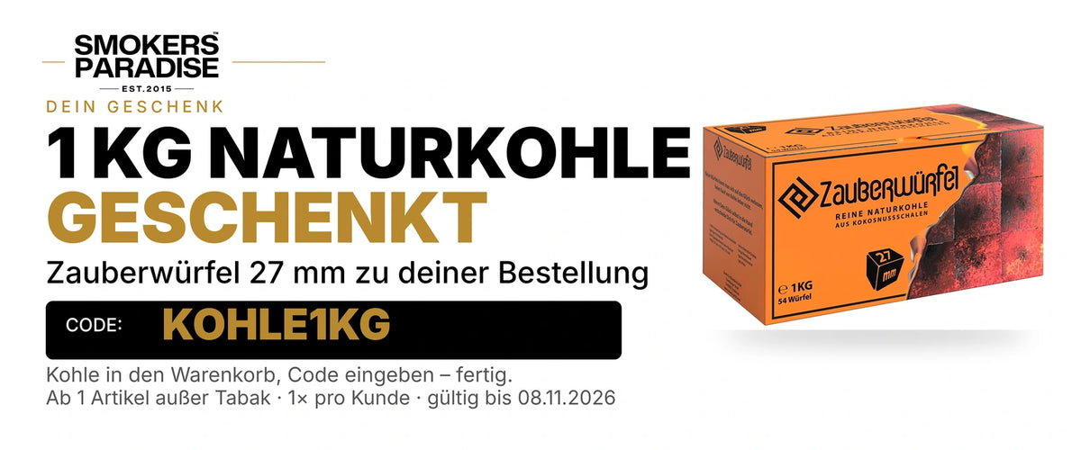 1 kg Zauberwürfel Naturkohle 27 mm geschenkt mit Code KOHLE1KG – ab 1 Artikel außer Tabak, 1× pro Kunde, gültig bis 08.11.2026
