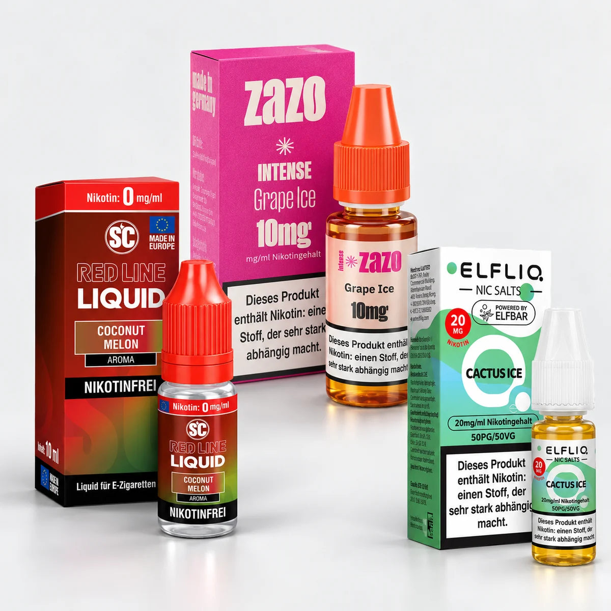 Liquids: Elfliq Nikotinsalz, Zazo Intense und SC Red Line nikotinfrei, je 10 ml