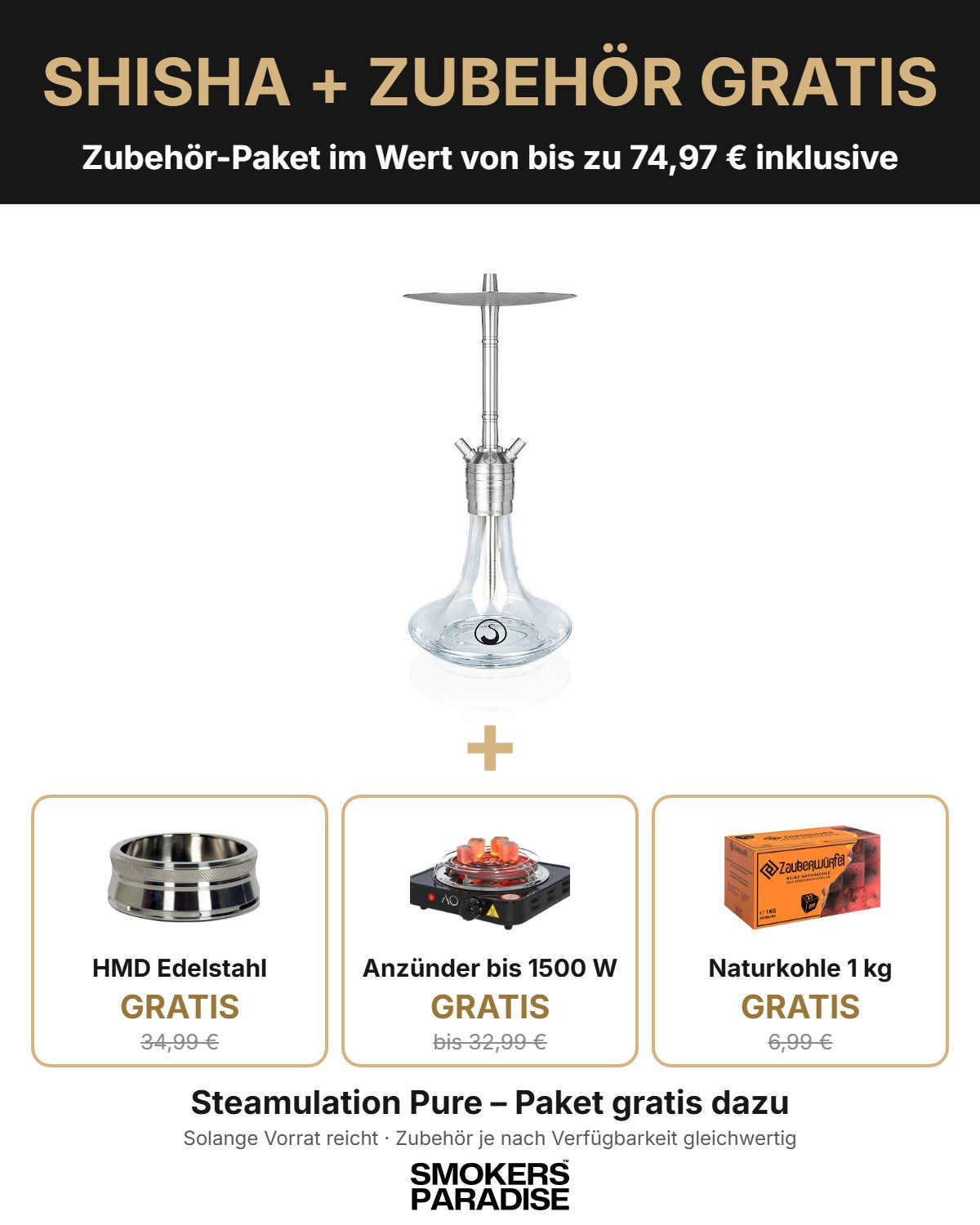 Steamulation Pure mit gratis Zubehör-Paket: HMD Edelstahl, Kohleanzünder und 1 kg Naturkohle